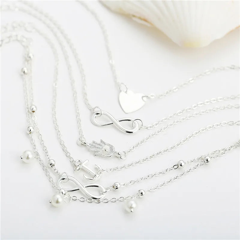 5 Pieces /Set Fashion New Stainless Steel Heart Pendant Anklet Girl Summer Beach Ankle Bracelet Women Accessories Jewelry Gift