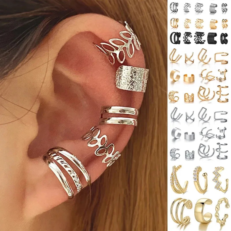 Silver Color Leaves Clip Earrings for Women Men Creative Simple C Ear Cuff Non-Piercing Ear Ear Clip Set Trend Jewelry Gift