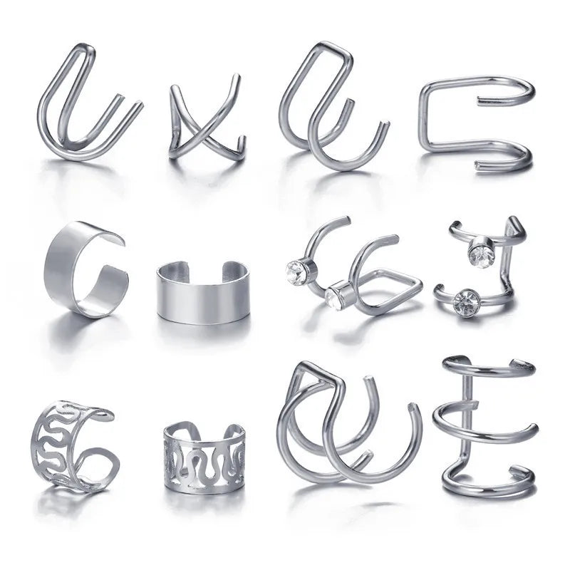 Silver Color Leaves Clip Earrings for Women Men Creative Simple C Ear Cuff Non-Piercing Ear Ear Clip Set Trend Jewelry Gift