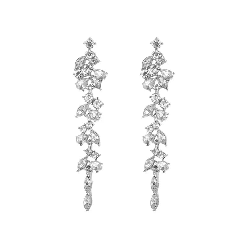 Sliver Maple Leaf Zircon Tassel Long Earrings For Women Shiny Rhinestone Wedding Drop Earrings Party Jewelry Gifts