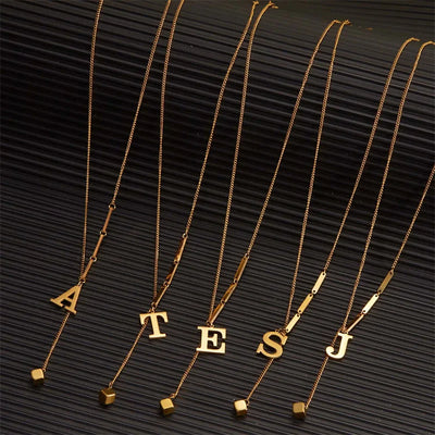 Stainless Steel Metal 26 English Letters Necklace for Women Gold Color A-Z Initial Tassel Clavicle Choker Design Sense Jewelry