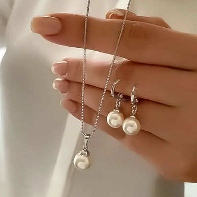Stylish Simple Necklace and Earrings Set with Imitation Pearl Pendant, Women's, Golden, Valentine's Day Gift Vintage Jewelry Set