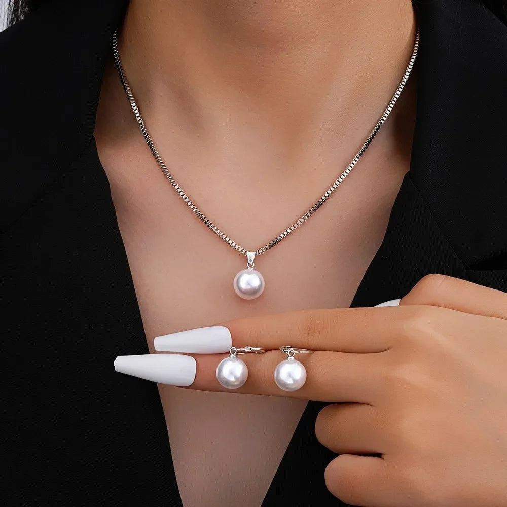 Stylish Simple Necklace and Earrings Set with Imitation Pearl Pendant, Women's, Golden, Valentine's Day Gift Vintage Jewelry Set