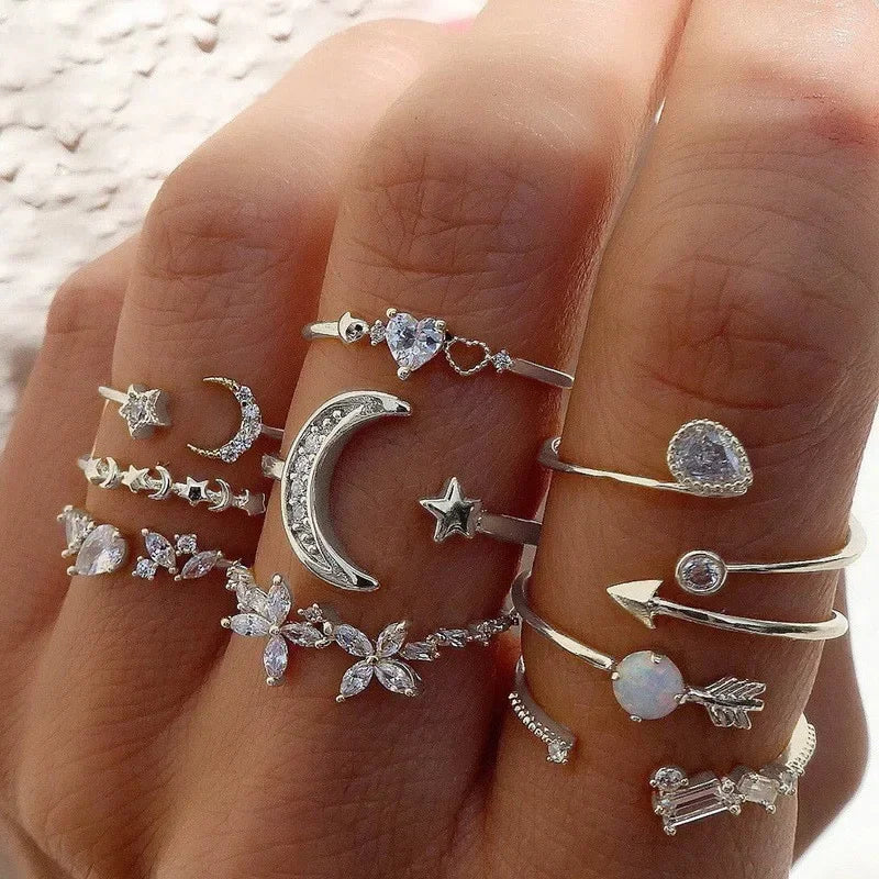 Boho Gold Color Heart Rings Set For Women Cubic Zirconia Star Moon Arrow Flower Finger Rings Female Trendy Jewelry Gift