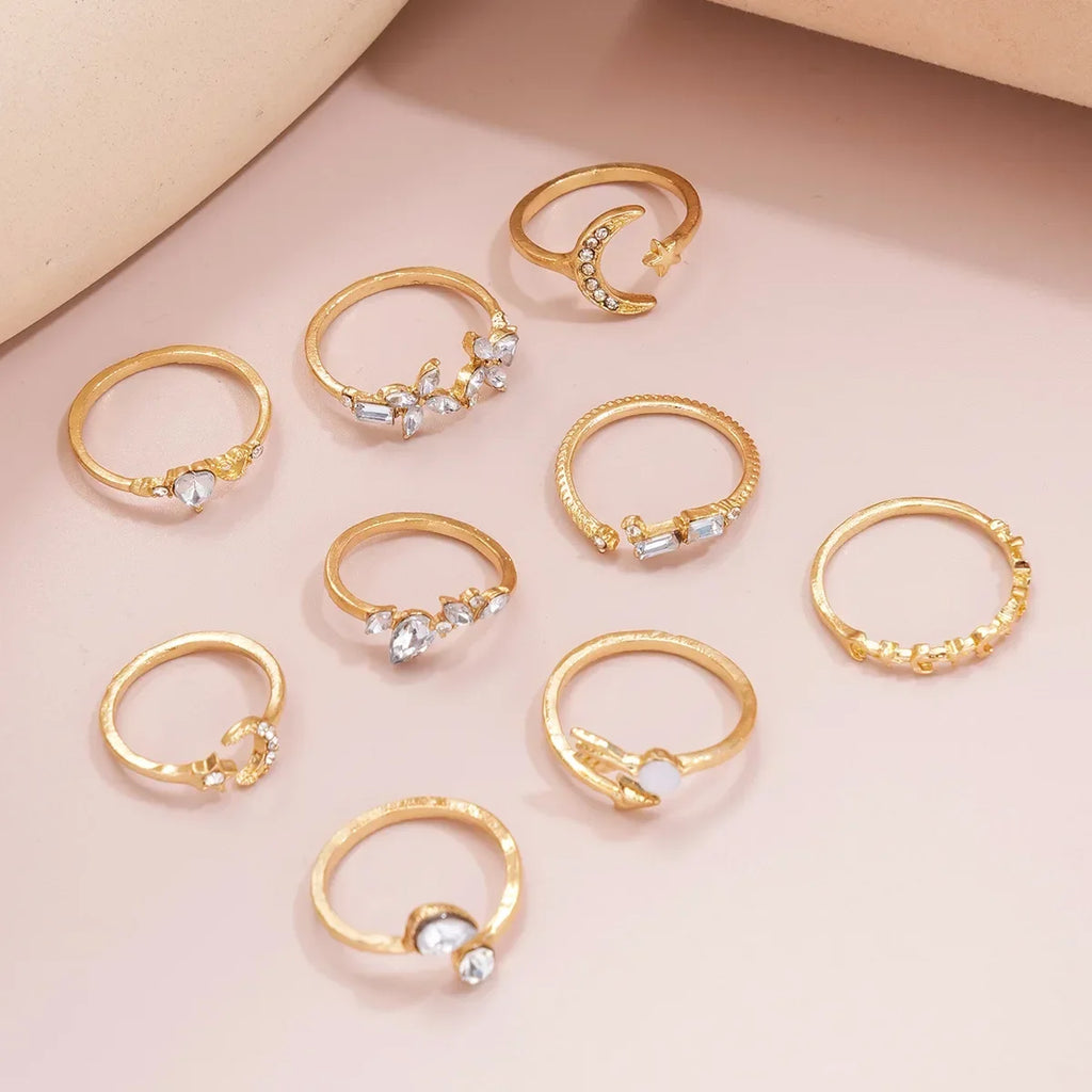 Boho Gold Color Heart Rings Set For Women Cubic Zirconia Star Moon Arrow Flower Finger Rings Female Trendy Jewelry Gift