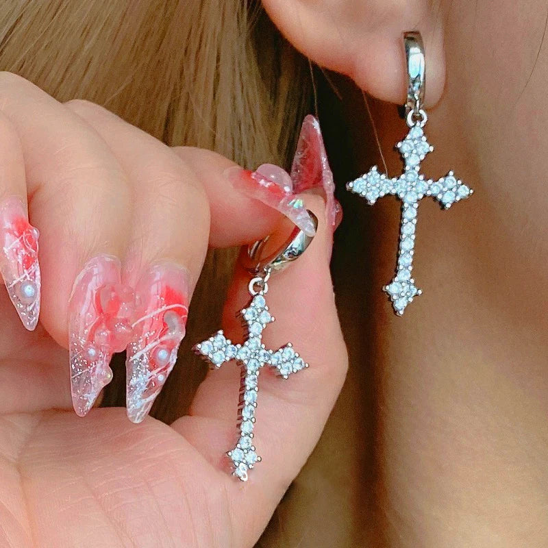 Gothic Rhinestone Cross Earrings Kpop Crystal Zircon Cross Drop Earring for Women Grunge Egirl Earrings Jewelry Accessories