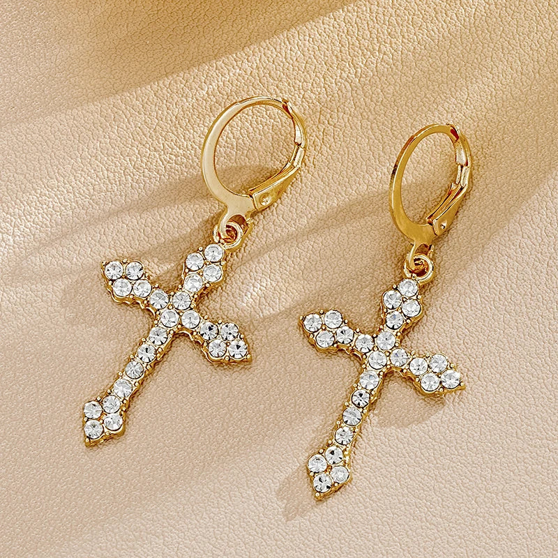 Gothic Rhinestone Cross Earrings Kpop Crystal Zircon Cross Drop Earring for Women Grunge Egirl Earrings Jewelry Accessories