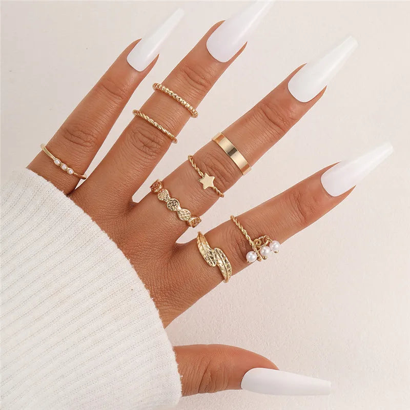 Imitation Pearl Geometry Rings Set For Women Gold Color Hollow Metal Heart Wave Butterfly Finger Ring Jewelry Gifts