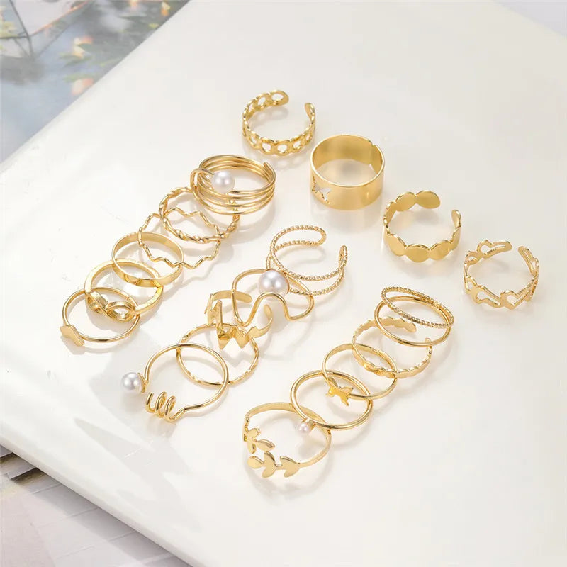 Imitation Pearl Geometry Rings Set For Women Gold Color Hollow Metal Heart Wave Butterfly Finger Ring Jewelry Gifts