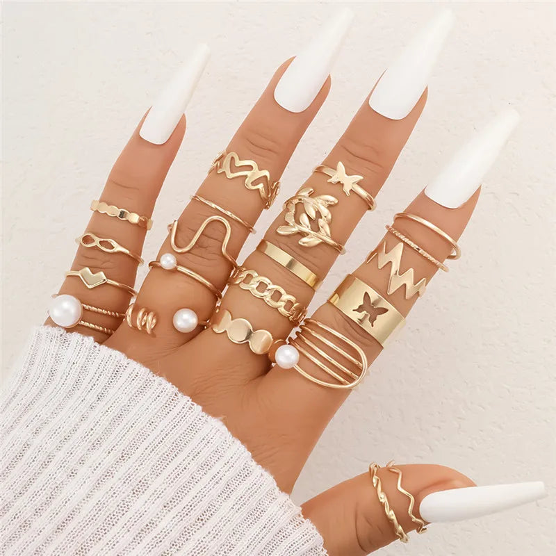 Imitation Pearl Geometry Rings Set For Women Gold Color Hollow Metal Heart Wave Butterfly Finger Ring Jewelry Gifts