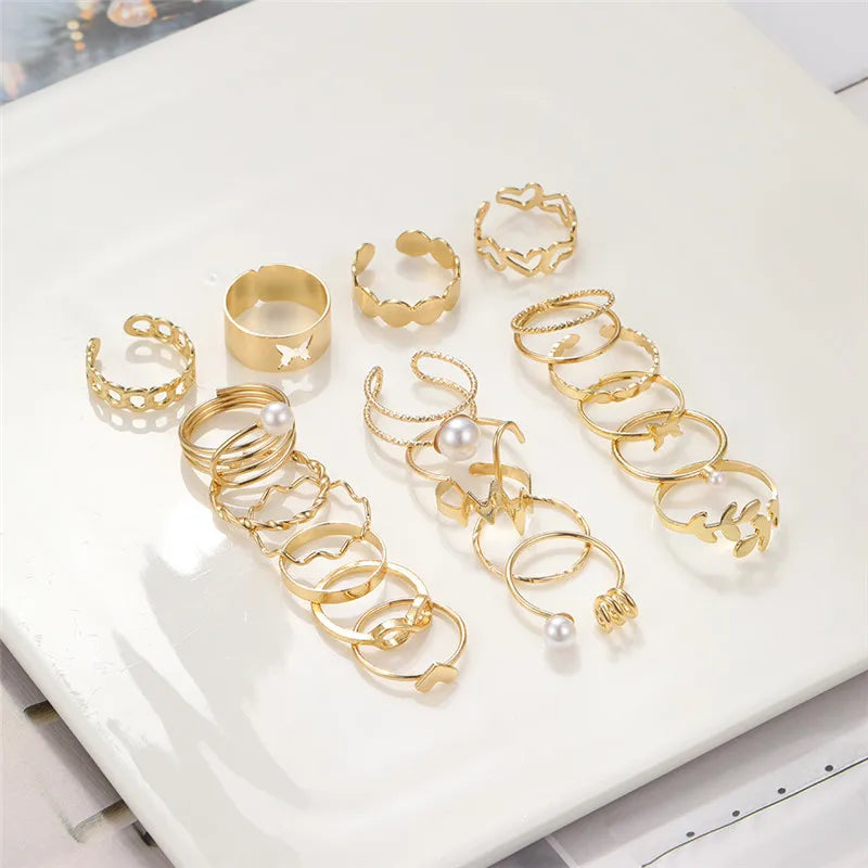 Imitation Pearl Geometry Rings Set For Women Gold Color Hollow Metal Heart Wave Butterfly Finger Ring Jewelry Gifts