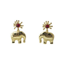 Load image into Gallery viewer, 【Pendant Earrings】Gold-Plated Alloy Sun &amp; Elephant Design - Red Crystal Accent Drop Earrings for Women