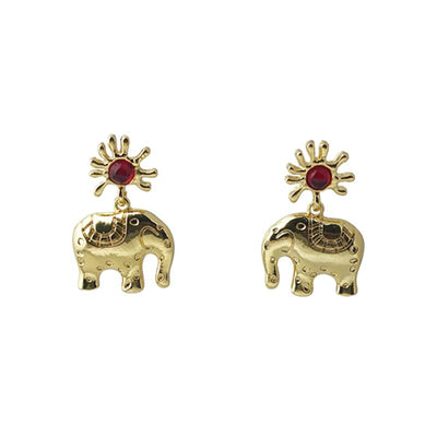 【Pendant Earrings】Gold-Plated Alloy Sun & Elephant Design - Red Crystal Accent Drop Earrings for Women