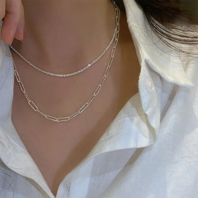 1PCS Retro Niche Accessory Plain Chain Silver Necklace, Simple Temperament, Layered Double Layered Collarbone Chain, Plain Chain