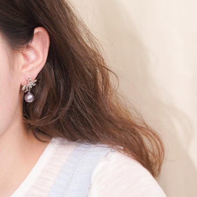 【Stud Earrings】Silver Alloy Textured Flower ,Purple Bead Drops, Elegant Dainty Earrings for Women