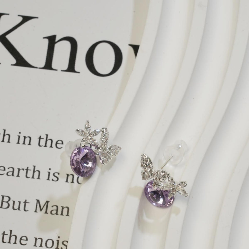 Subang Stud, Kristal Merah Jambu / Ungu, Rekaan Rama-rama dan Bunga Perak, Manis dan Halus, Untuk Wanita Elegan cute  earrings