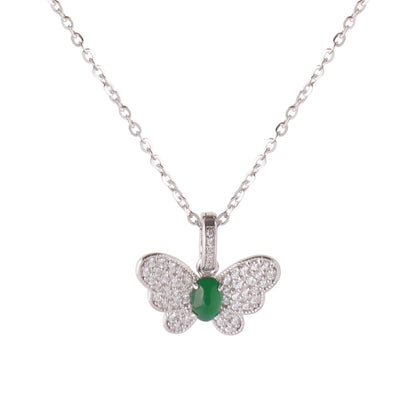 【Pendant Necklace】Butterfly-shape Jadeite Pendant with Silver-made Chain Necklace, Shining Zircon, Elegant Jadeite Jewelry Pendant Necklace for Women