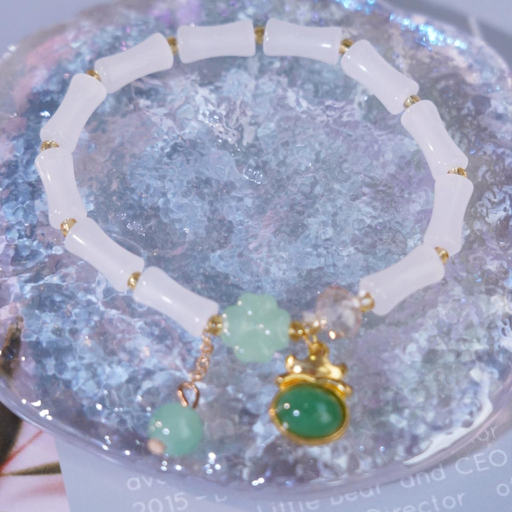 Gelang Manik, Putih dan Hijau, dengan Loket Hiasan, Barang Kemas Elegan, untuk Wanita, Gelang