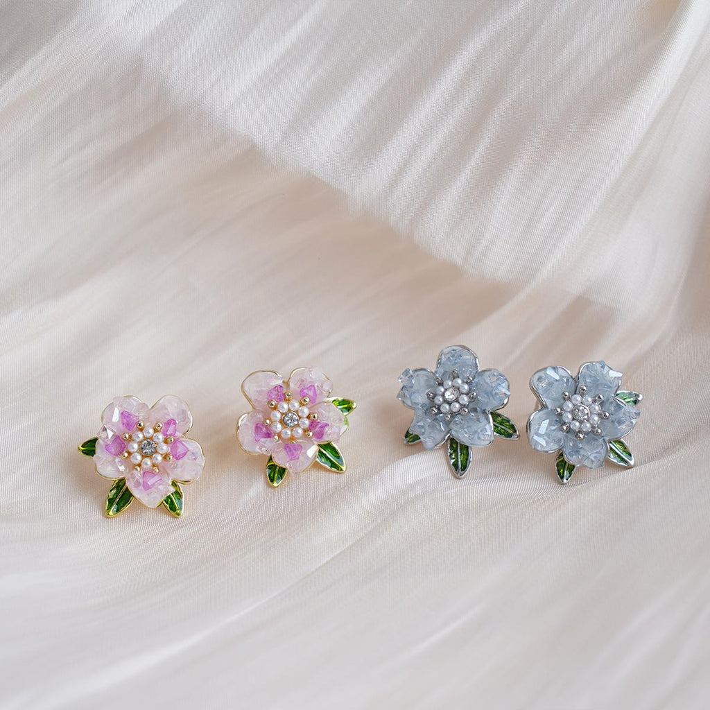 【Stud Earrings】Floral Petals Earrings with Enamel Green Leaves, Bead & Zircon Accents, Sweet & Romantic Gift for Ladies