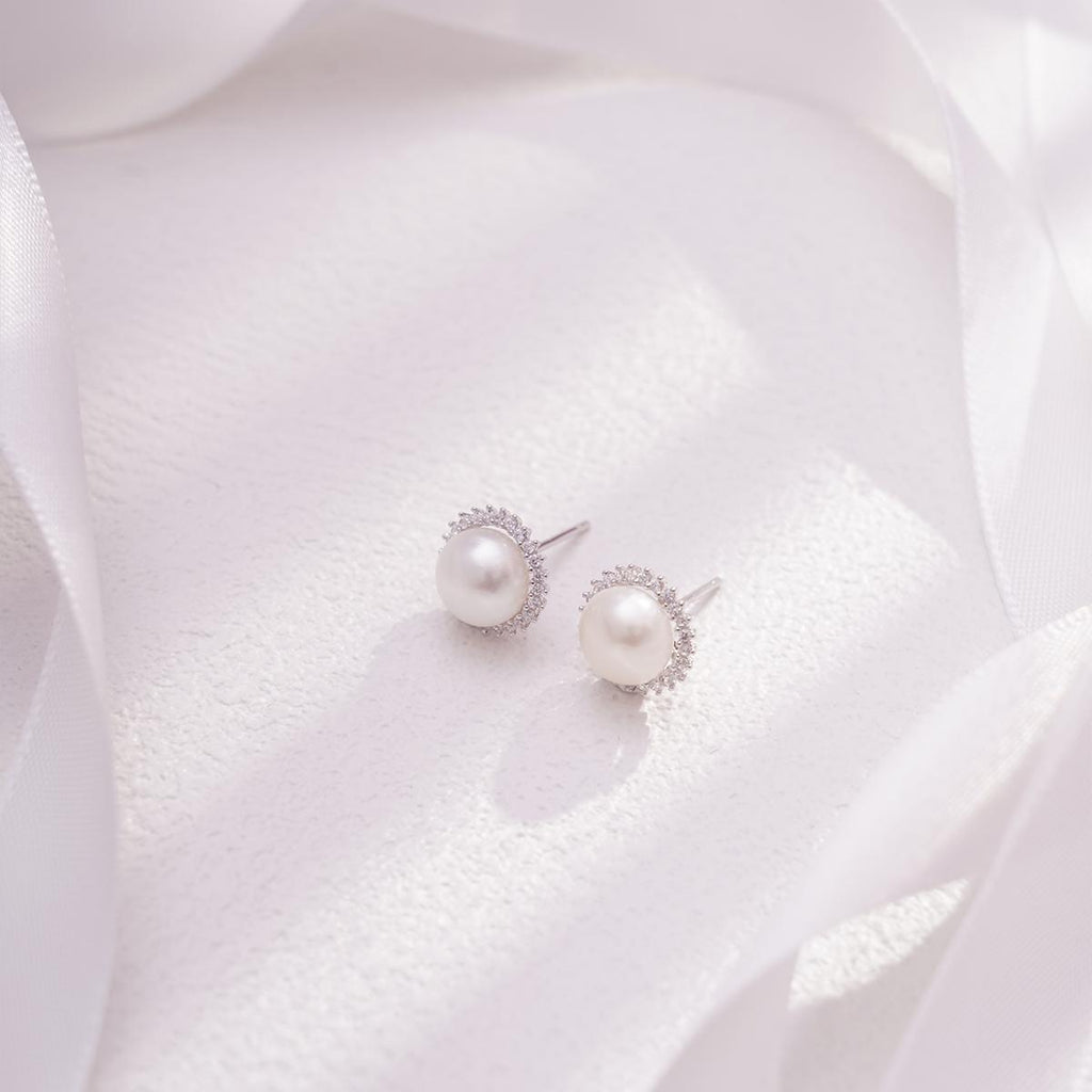 【Stud Earring】Sun-Shape Natural Pearl Stud Earring, Silver Base Zircon Shining Fashion Jewelry for Women, Perfect Birthday Gift