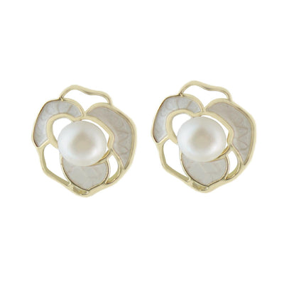 【Stud Earring】Golden Floral Elegant Natural Pearl Stud Earring with Silver Post, Perfect Gift for Lover