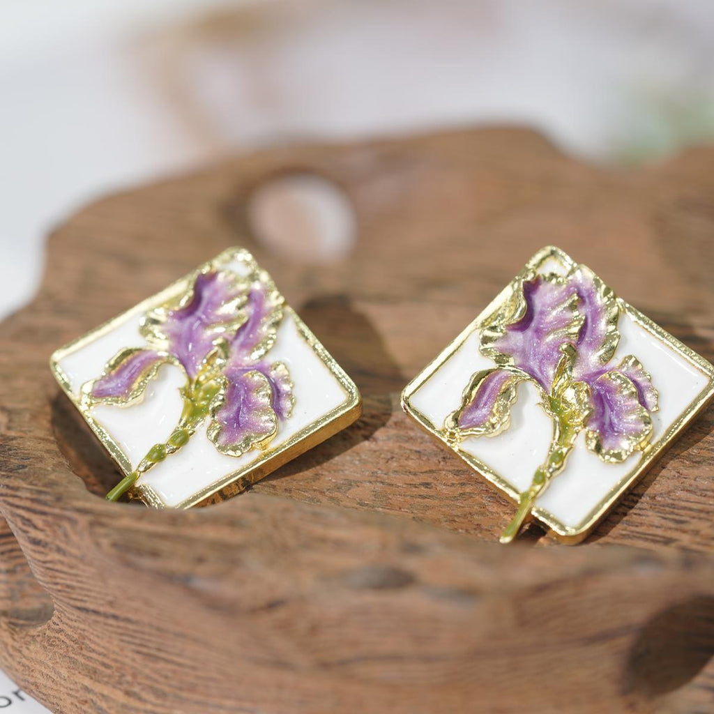 【Square Stud Earrings】Gold-Plated Purple Flower Artistic Studs for Daily Chick