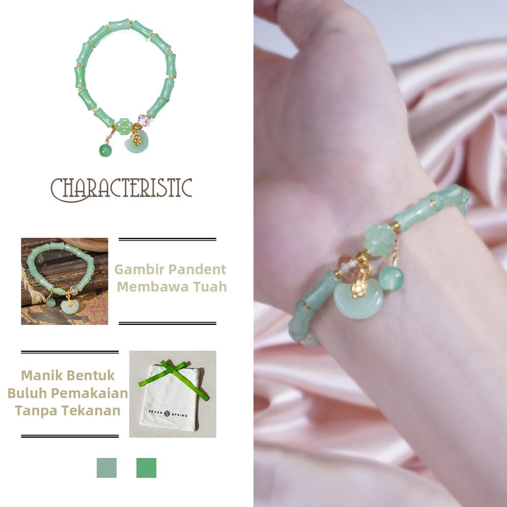Gelang Manik, Jed Hijau dan Bahan Buluh, dengan Pesona Teratai Bersalut Emas, Boleh Laras, Hadiah Barang Kemas untuk Wanita, Gelang