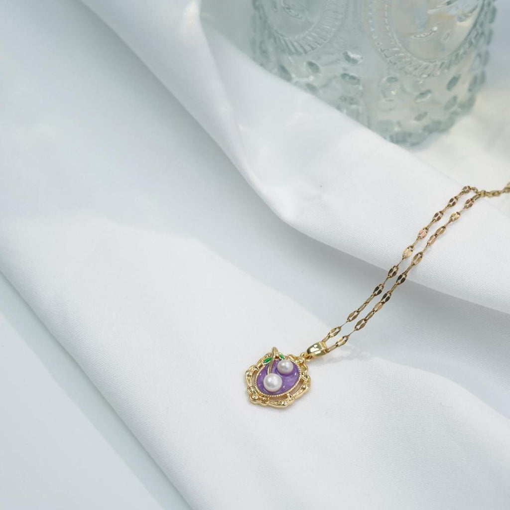 【Pendant Necklace】 Purple Enamel & Pearl Pendant with Cute Pearl, Antique-Inspired Jewelry for Ladies