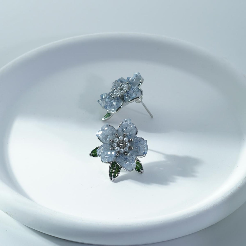 【Stud Earrings】Floral Petals Earrings with Enamel Green Leaves, Bead & Zircon Accents, Sweet & Romantic Gift for Ladies