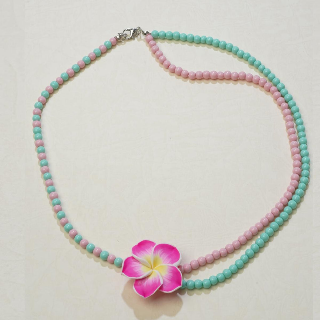 【Beaded Necklace】Pastel Pink & Blue Double - Layer Beaded,Plumeria Pendant Chain, Sweet Vacation Style for Summer Outfits