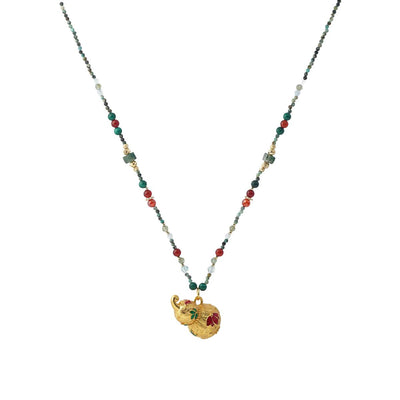 【Pendant Necklace】Oriental Charm Beaded Necklace, Copper & Gemstone Jewelry, Painted Gourd Pendant, Boho Ethnic Gift for Women