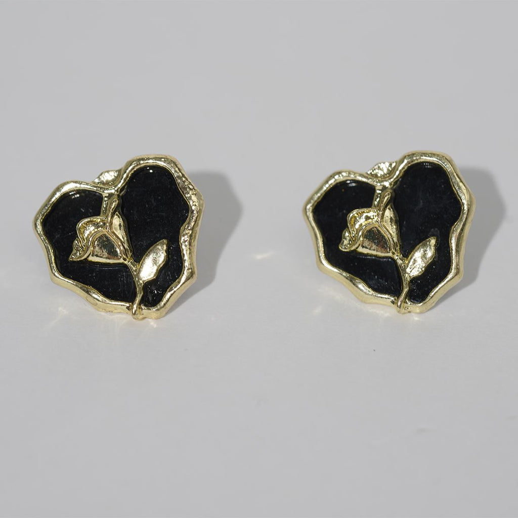 Subang Stud, Rekaan Hati, Enamel Hitam dan Mawar Emas, Barang Kemas Elegan Vintaj, Untuk Wanita