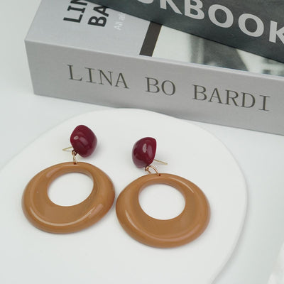 【Earrings】Women Burgundy & Tan Resin Geometric Earrings Gold Accent Lightweight Modern Daily Accent