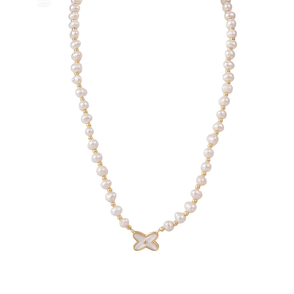 【Pendant Necklace】White Pearl & Gold Brass Beaded Chain with Clover Shell Pendant  Necklace Versatile Daily Jewelry Gift Lucky Charm for Women