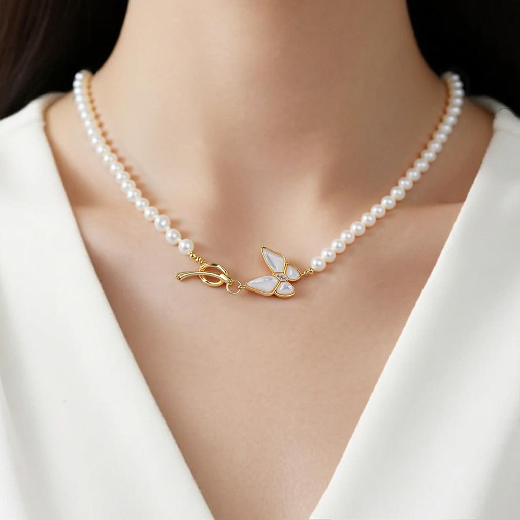 Elegant Natural Freshwater Pearl Necklace - Butterfly Accent - Feminine Charm for Everyday Wear