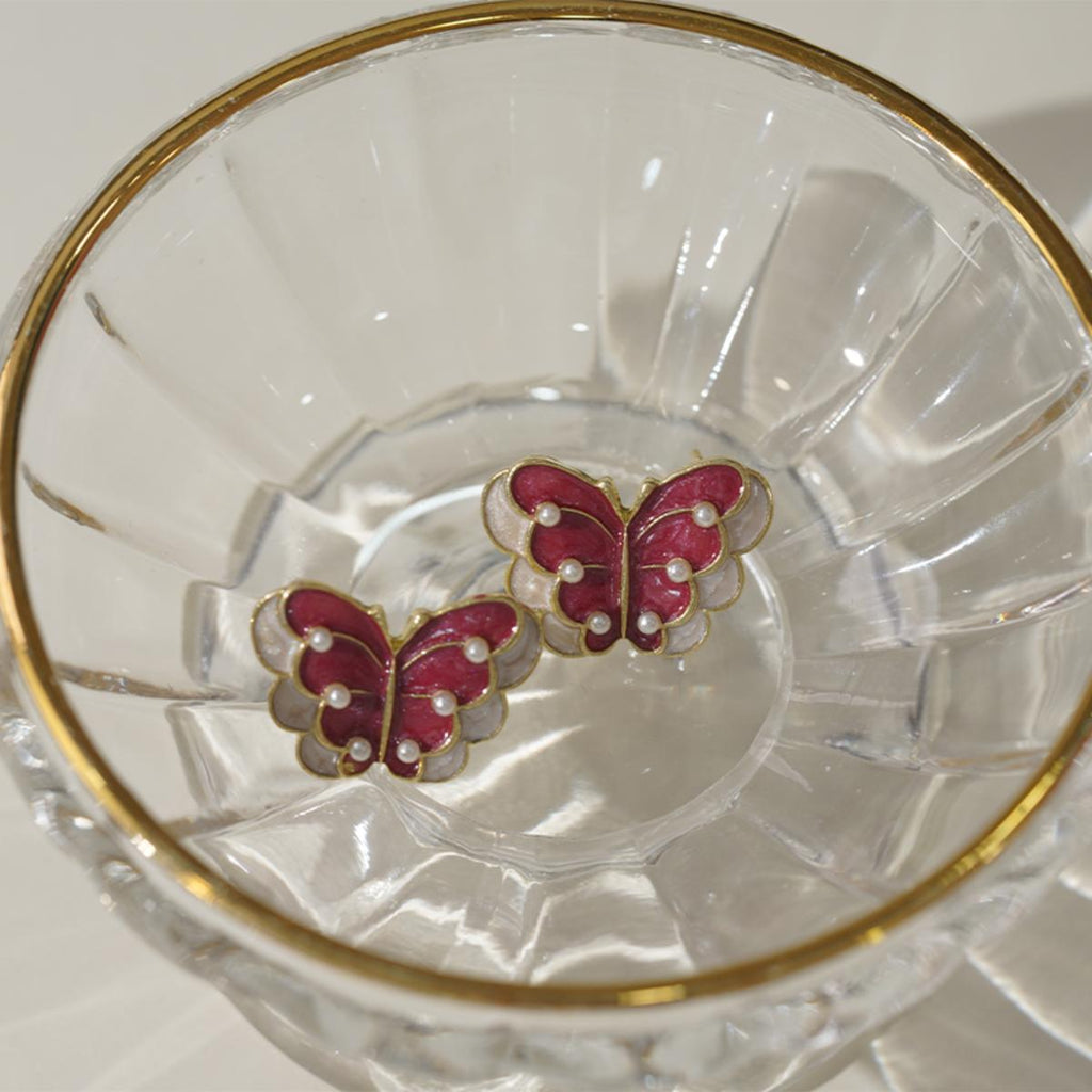 Subang Stud, Lapisan Merah-Putih Bermata Emas, Enamel Rama-rama, Gaya Vintaj