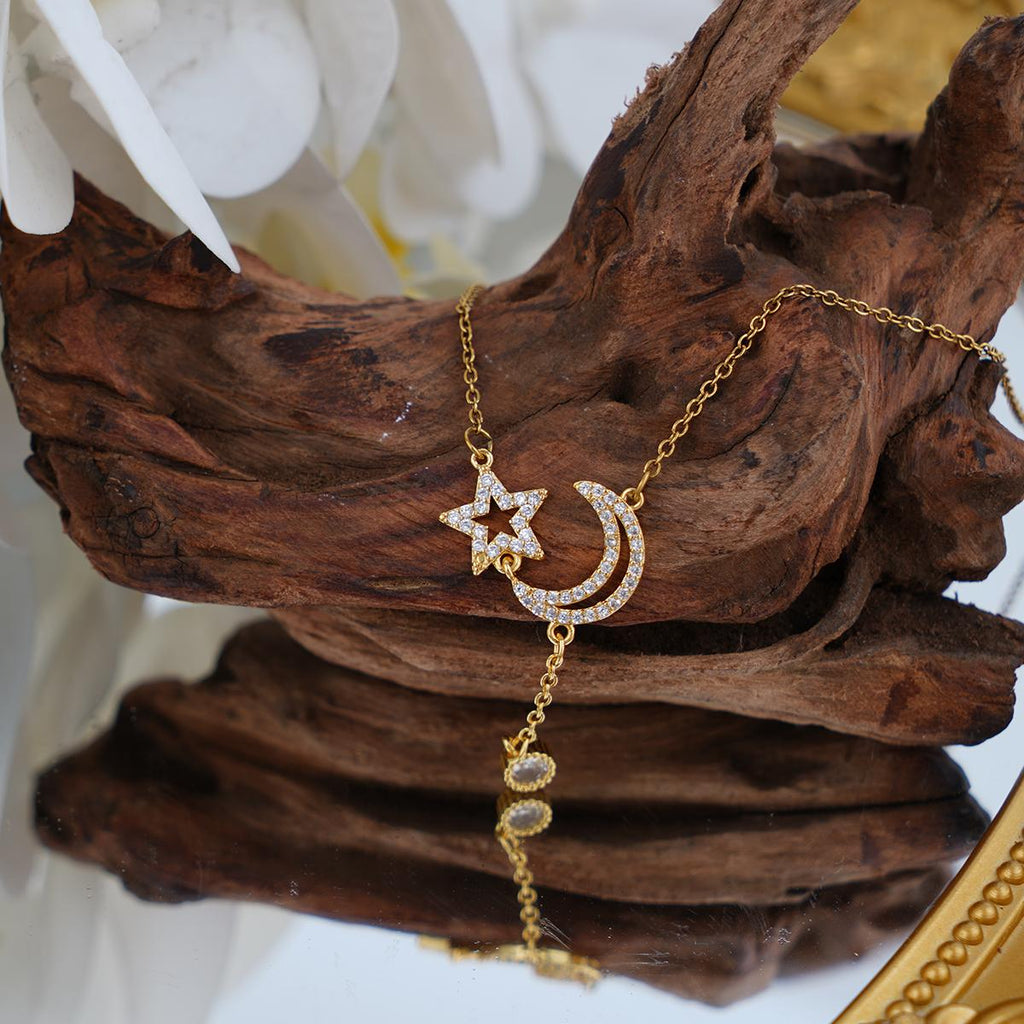 【Pendant Necklace】Moon Star Pendant Necklace Stainless Steel Chain Zirconia Celestial Dangling Charm Romantic Jewelry for Women