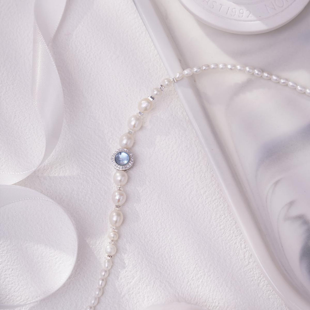 【Necklace】Aquamarine Stone Accent Silver Chain Natural Freshwater Pearl Necklace, Perfect Gift for Women, Best Dating Wear