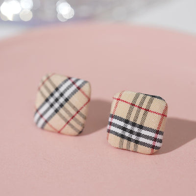 【Stud Earrings】 Square Plaid Fabric Retro British Style for Daily & Vintage Wear
