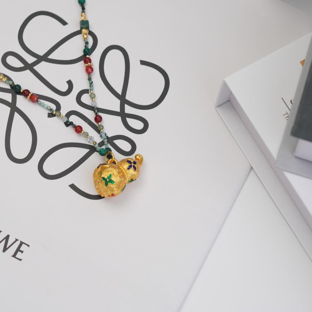 【Pendant Necklace】Oriental Charm Beaded Necklace, Copper & Gemstone Jewelry, Painted Gourd Pendant, Boho Ethnic Gift for Women