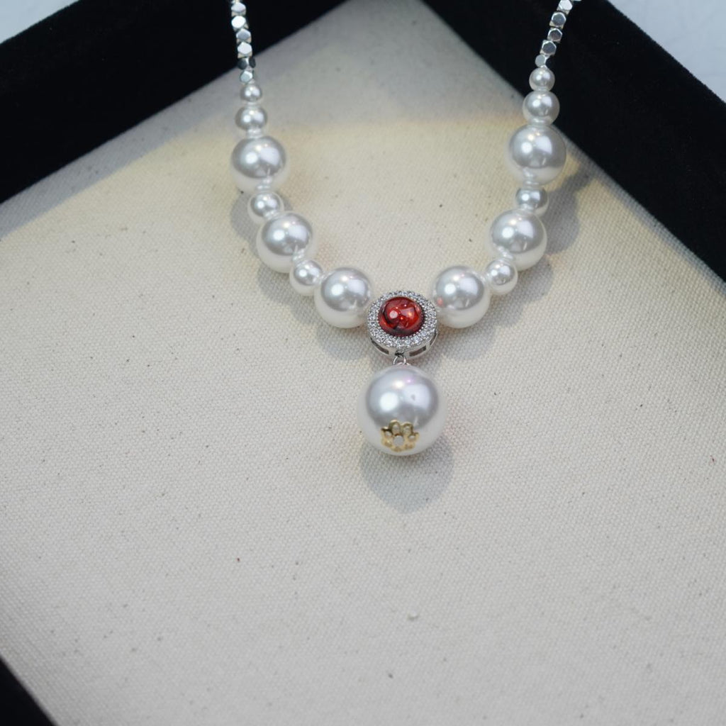 【Pendant Necklace】Gradient Pearl Necklace Set, Red & Blue Gemstone Jewelry, Elegant Silver Chain with Zircon Accents, Luxury Gift for her