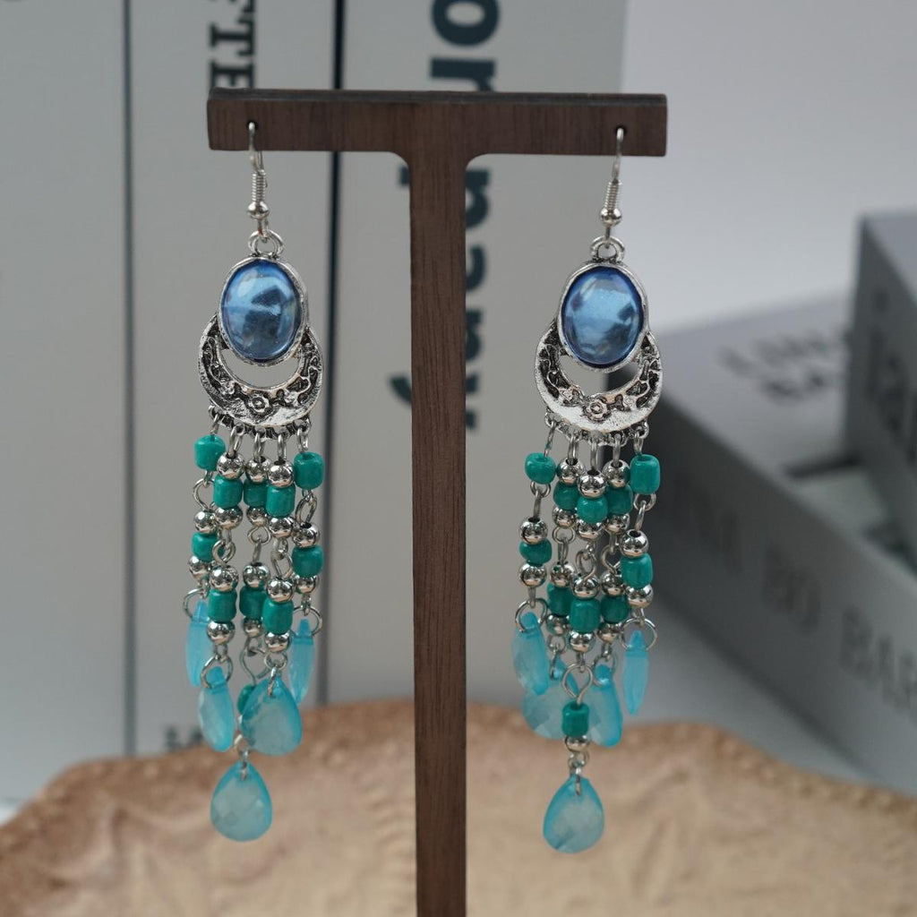 【Hook Earrings】Silver Plated Blue Gem Earrings with Vintage Beaded Tassel Design, Elegant Women's Jewelry
