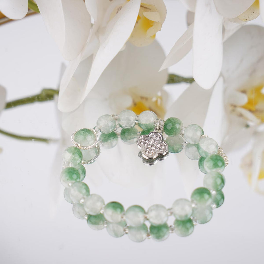 【Bracelet】Glass Bead Green Gradient Alloy Four-Leaf Clover Charm Bracelet Lucky Accessories for Women Daily Elegance