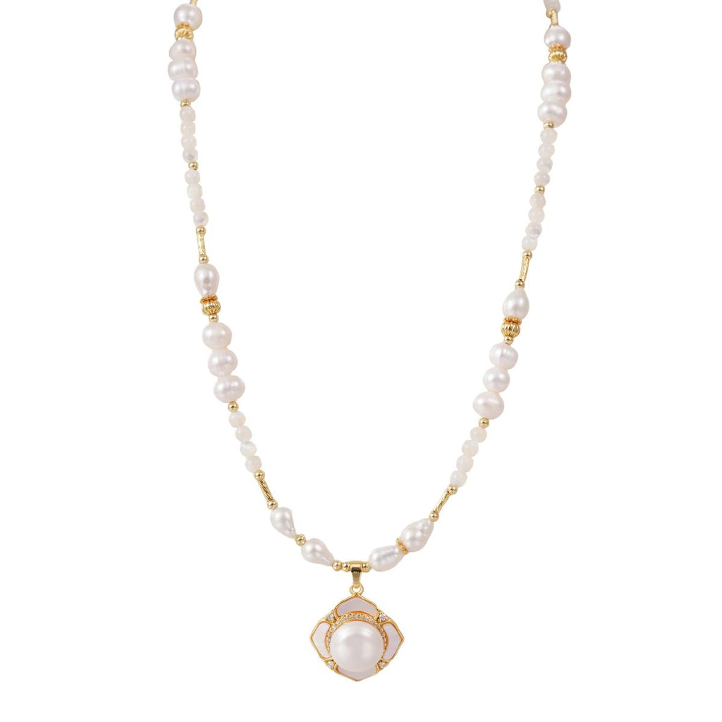【Pendant Necklace】Brass Pearl & Shell Beaded Chain with Geometric Pendant Necklace Elegant Jewelry Gift for Women