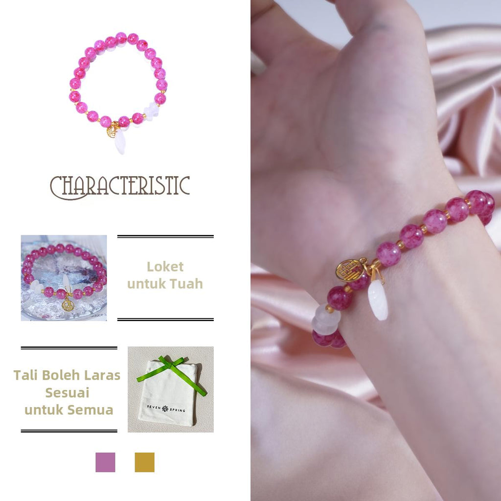 Gelang Manik, Delima Merah Jambu-Merah, Kuarza Putih, dengan Loket Pesona Nada Emas, Boleh Laras, Barang Kemas Bergaya, Hadiah untuk Wanita, Gelang