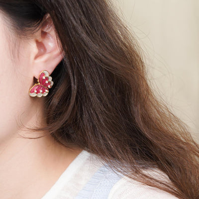 【Stud Earrings】Gold-Edged Red-White Layered Enamel Butterfly Studs,Vintage Style