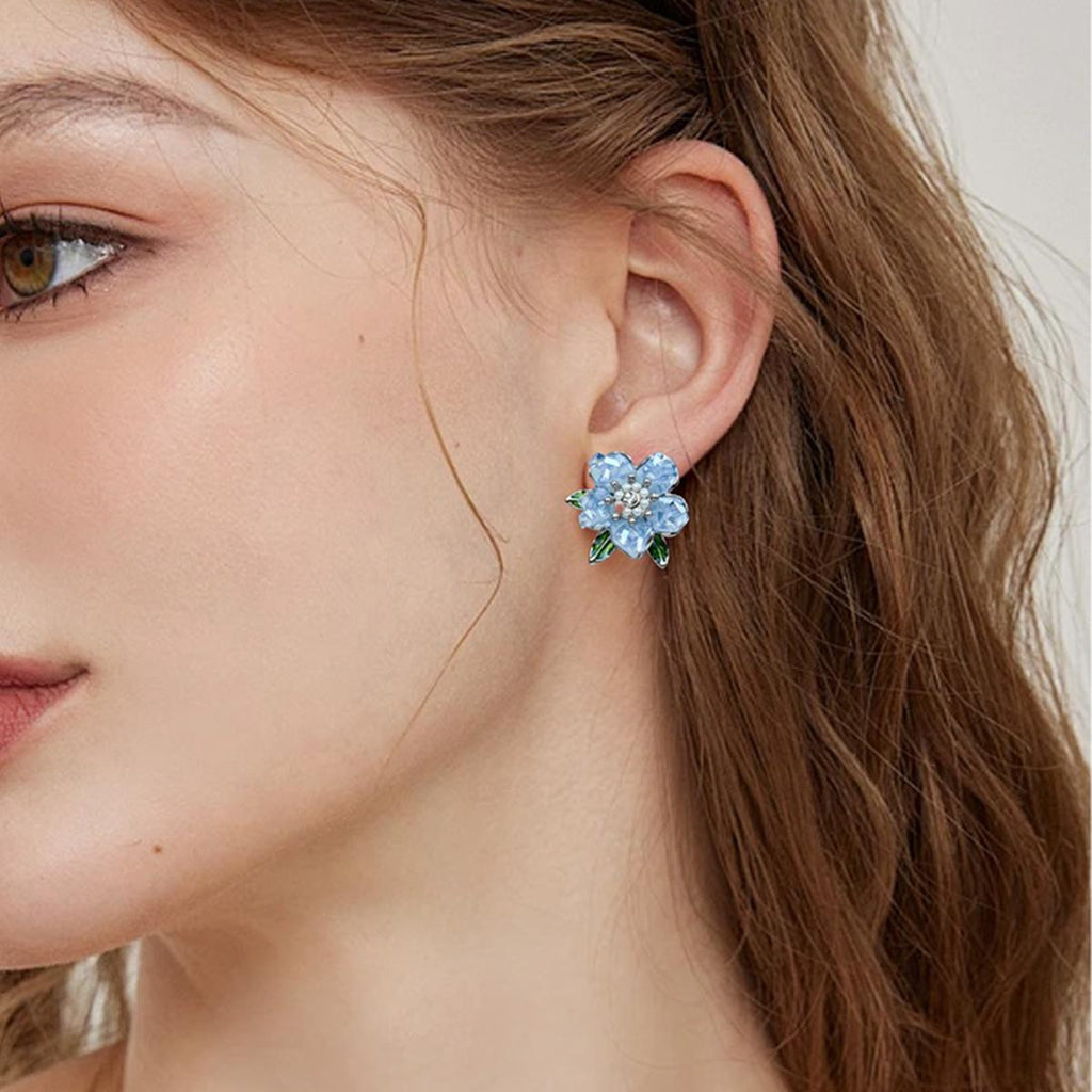【Stud Earrings】Floral Petals Earrings with Enamel Green Leaves, Bead & Zircon Accents, Sweet & Romantic Gift for Ladies