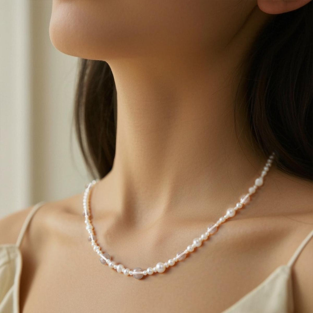 【Necklace】Shining Crystal Natural Freshwater Pearl Beaded Necklace, Low-Profile Elegant Jewelry for Women, Perfect Dating Gift