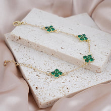 Load image into Gallery viewer, 【Bracelet】Gold-Tone Floral Green Cubic Zirconia Bracelet Four Flower Motifs Adjustable Chain Elegant Women&#39;s Jewelry