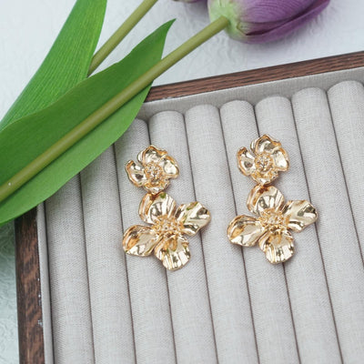【Drop Earrings】Gold Plated Metel Double Flower Earrings, Retro-Elegant & Minimalist for Fashion Ladies
